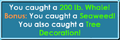 A player manages to catch a perfect Whale, along with a Seaweed and Tree Decorations.